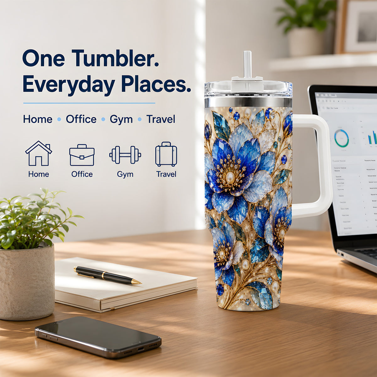 Blue Floral Art 40oz Tumbler, Drinkware for Flower Lovers