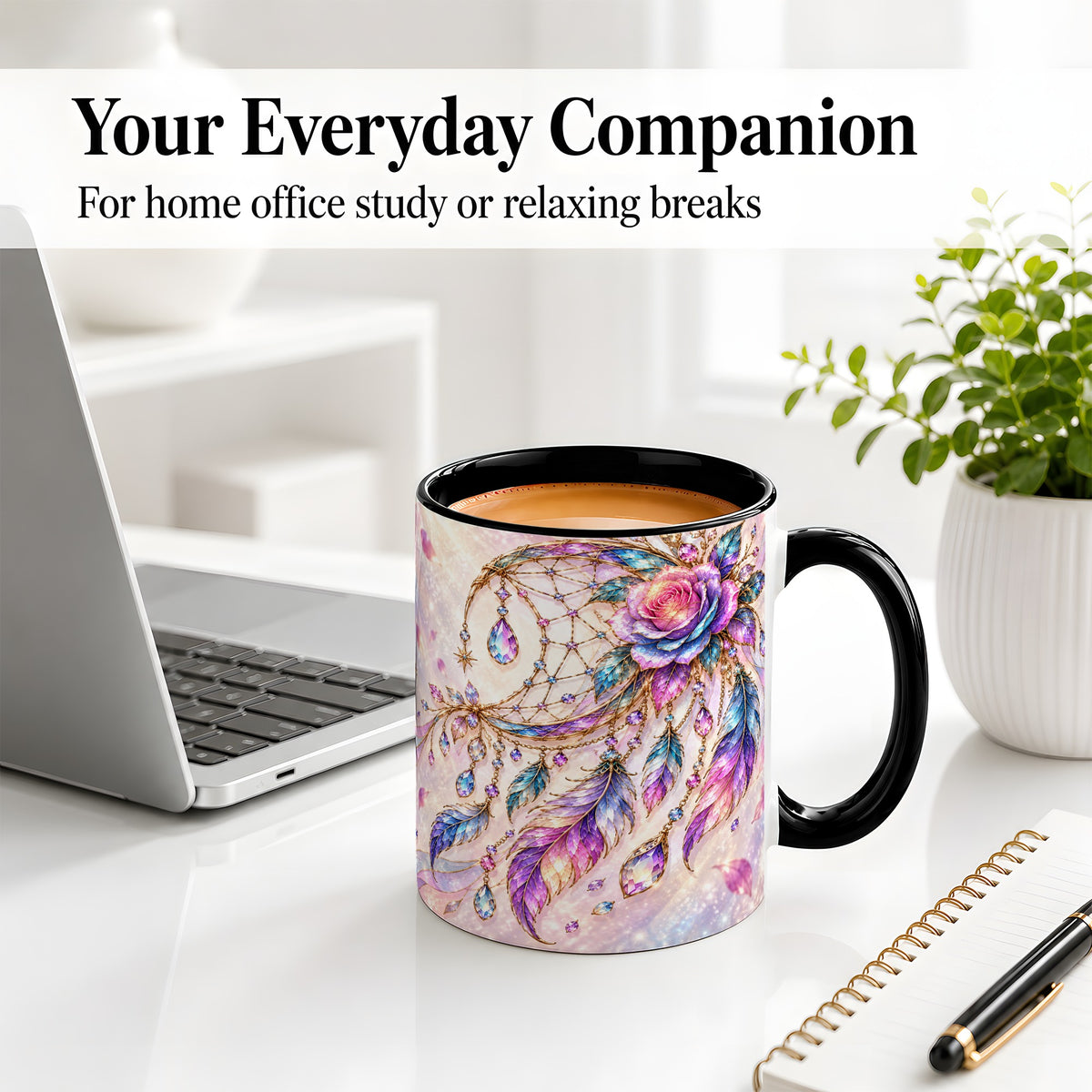 #pl[11oz|Black] Floral Dreamcatcher Accent Mug, Ceramic Drinkware for Boho Fans