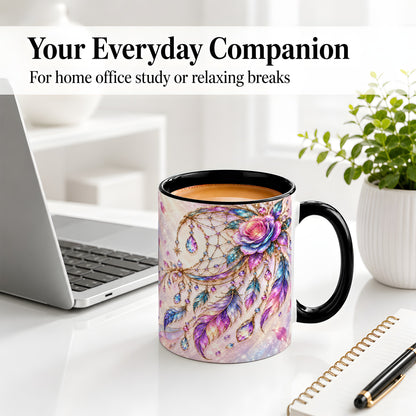 #pl[11oz|Black] Floral Dreamcatcher Accent Mug, Ceramic Drinkware for Boho Fans