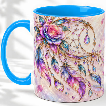 #pl[11oz|Blue] Floral Dreamcatcher Accent Mug, Ceramic Drinkware for Boho Fans