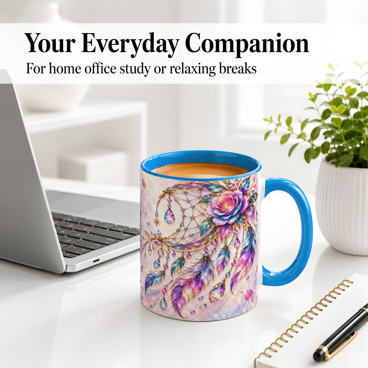 #pl[11oz|Blue] Floral Dreamcatcher Accent Mug, Ceramic Drinkware for Boho Fans