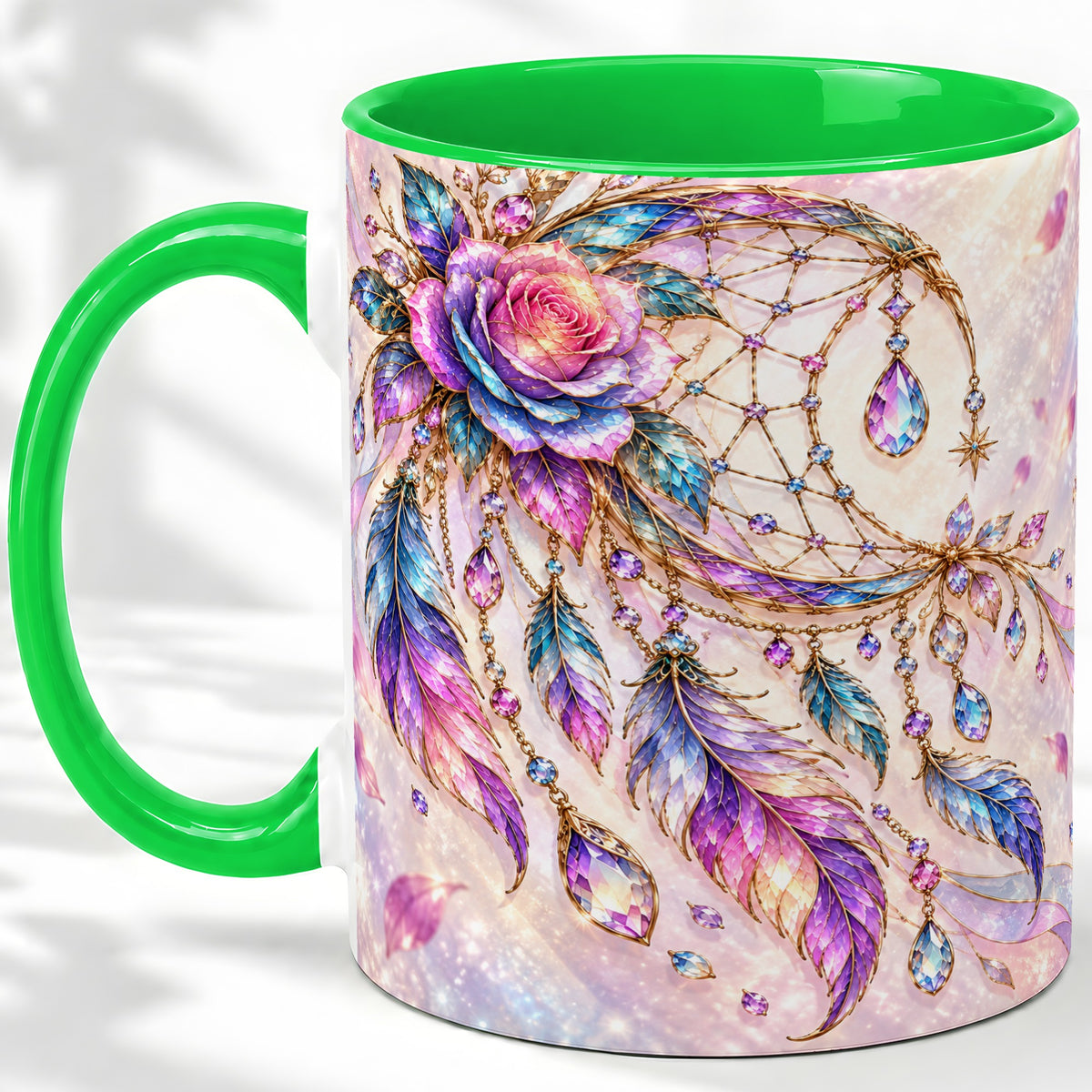 #pl[11oz|Green] Floral Dreamcatcher Accent Mug, Ceramic Drinkware for Boho Fans