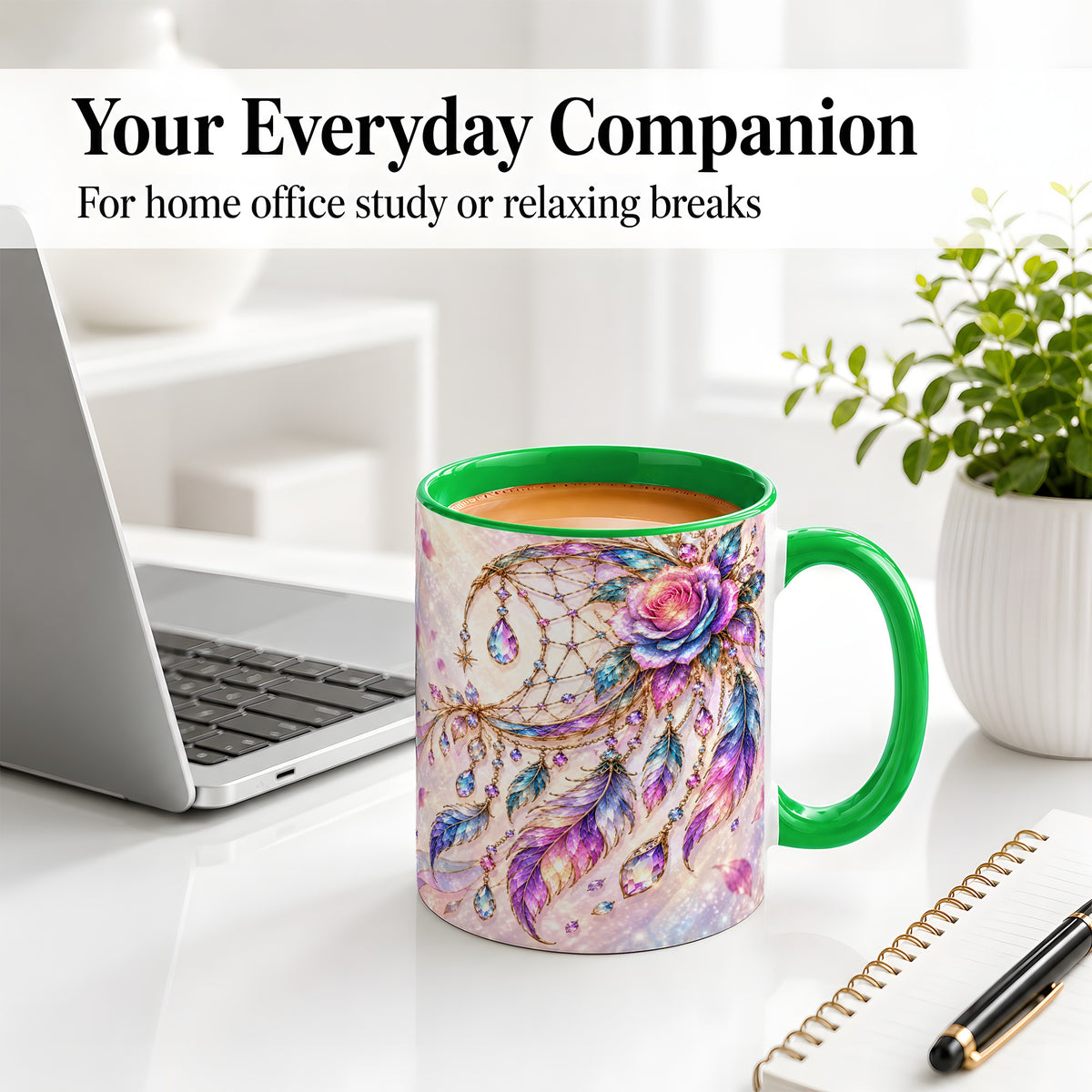 #pl[11oz|Green] Floral Dreamcatcher Accent Mug, Ceramic Drinkware for Boho Fans