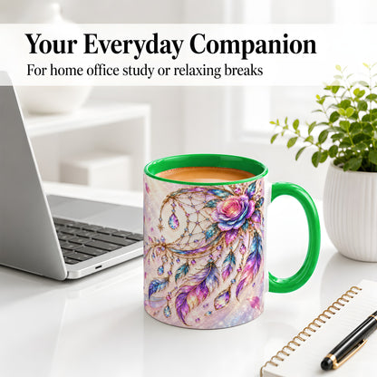 #pl[11oz|Green] Floral Dreamcatcher Accent Mug, Ceramic Drinkware for Boho Fans