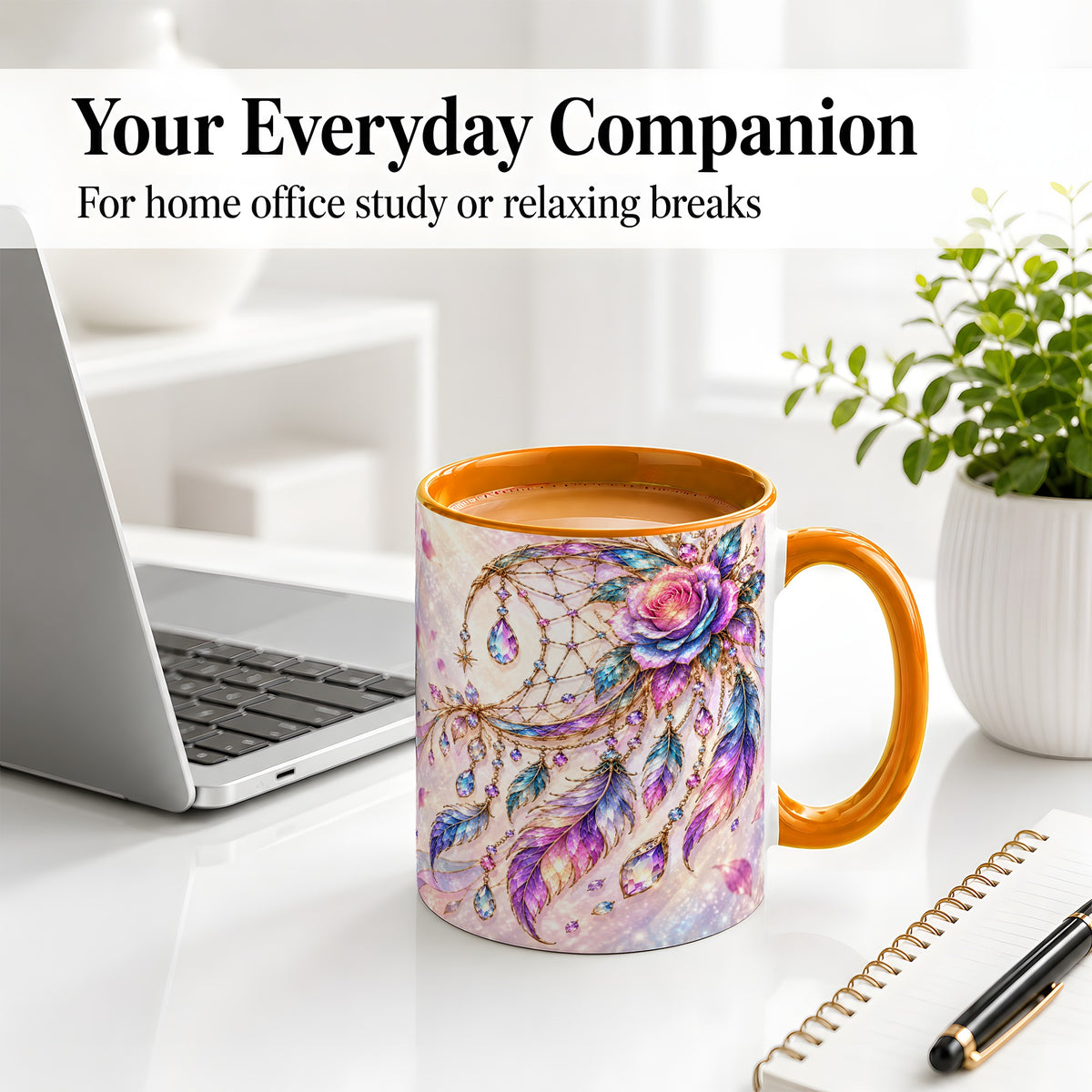 #pl[11oz|Orange] Floral Dreamcatcher Accent Mug, Ceramic Drinkware for Boho Fans