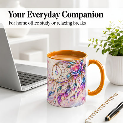 #pl[11oz|Orange] Floral Dreamcatcher Accent Mug, Ceramic Drinkware for Boho Fans