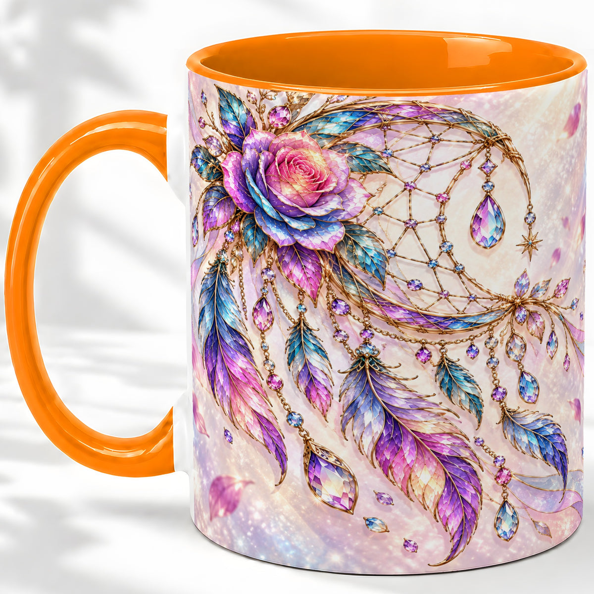 #pl[11oz|Orange] Floral Dreamcatcher Accent Mug, Ceramic Drinkware for Boho Fans