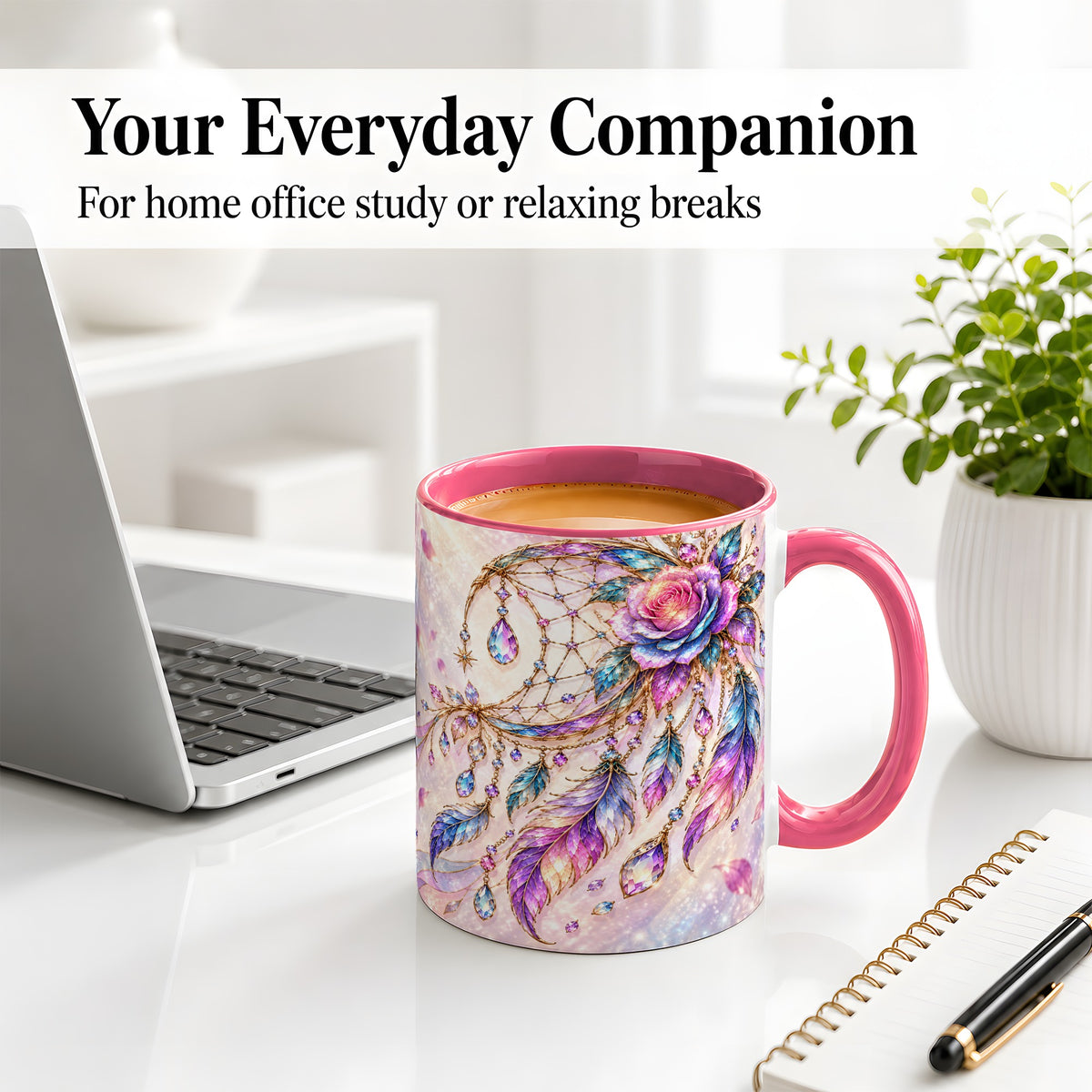 #pl[11oz|Pink] Floral Dreamcatcher Accent Mug, Ceramic Drinkware for Boho Fans