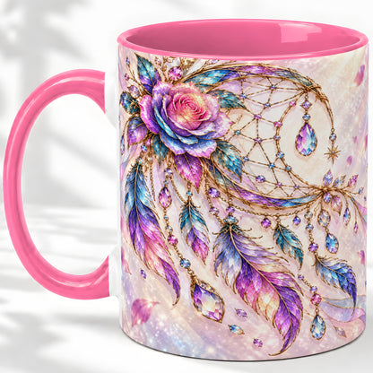 #pl[11oz|Pink] Floral Dreamcatcher Accent Mug, Ceramic Drinkware for Boho Fans