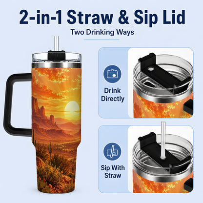 #pl[40oz|Black] Desert Sunset Tumbler, 40oz Tumbler with Cactus Landscape Artwork