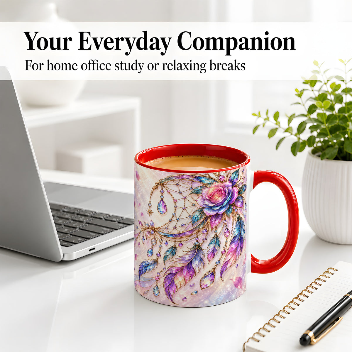 #pl[11oz|Red] Floral Dreamcatcher Accent Mug, Ceramic Drinkware for Boho Fans