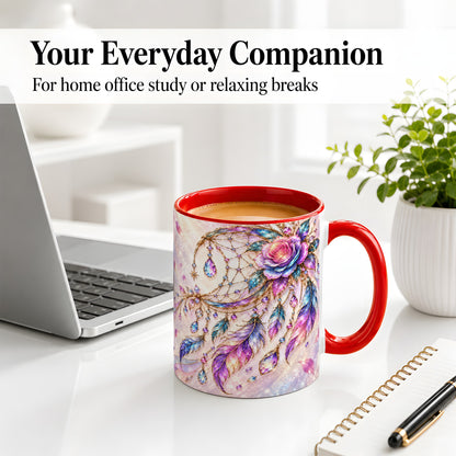 #pl[11oz|Red] Floral Dreamcatcher Accent Mug, Ceramic Drinkware for Boho Fans
