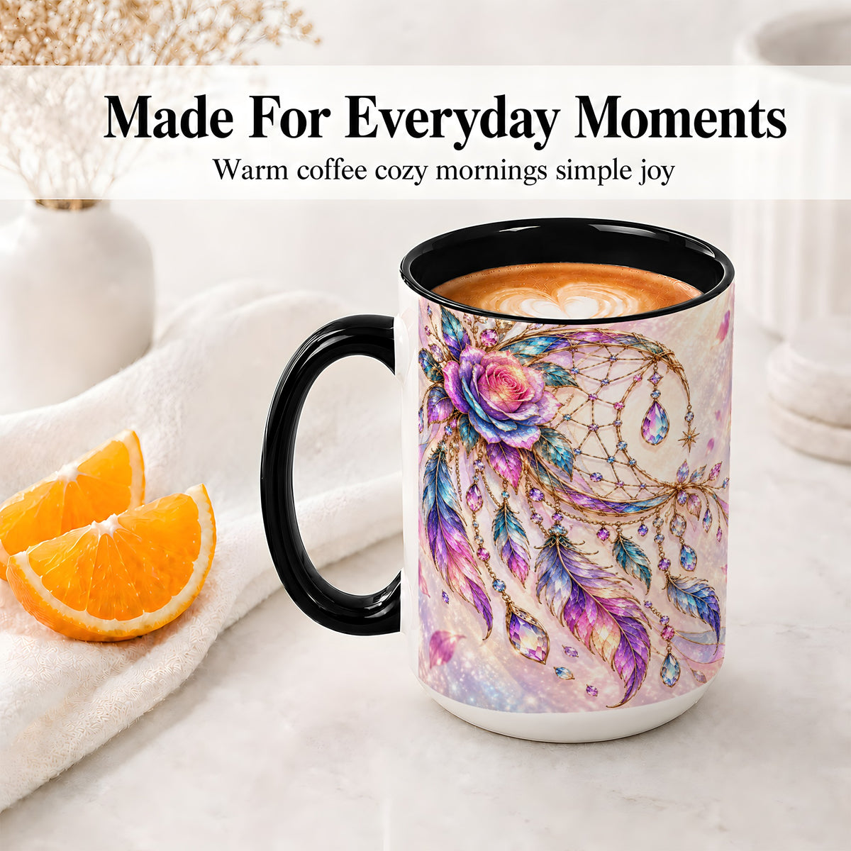 #pl[15oz|Black] Floral Dreamcatcher Accent Mug, Ceramic Drinkware for Boho Fans