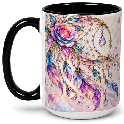 #pl[15oz|Black] Floral Dreamcatcher Accent Mug, Ceramic Drinkware for Boho Fans