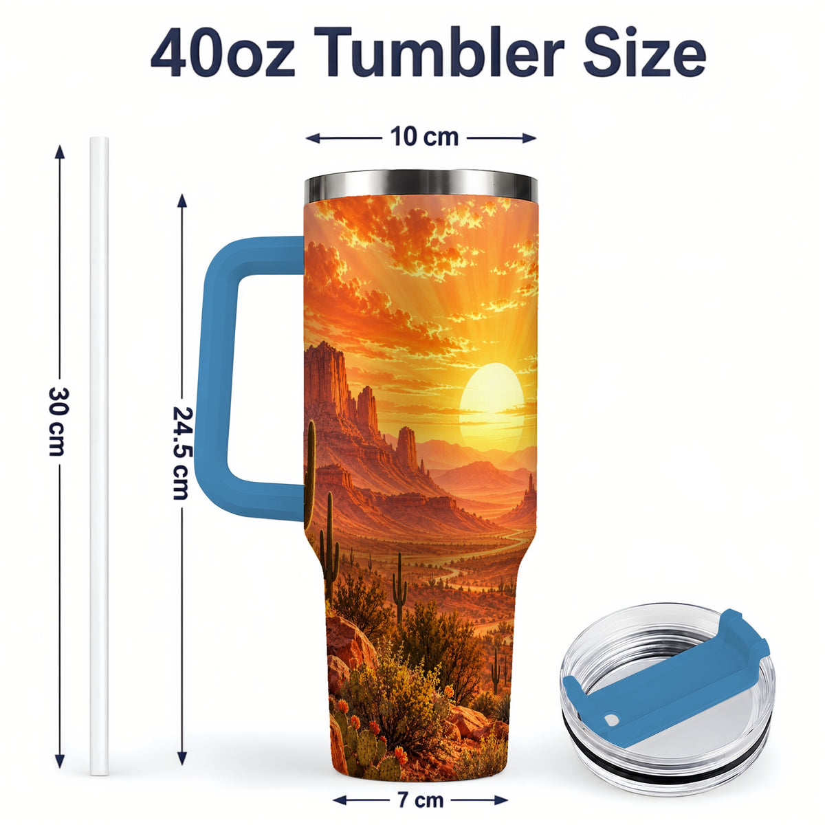 #pl[40oz|Blue] Desert Sunset Tumbler, 40oz Tumbler with Cactus Landscape Artwork