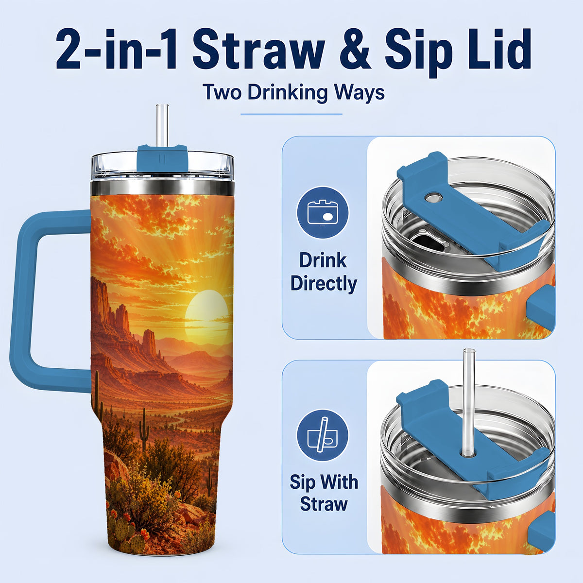 #pl[40oz|Blue] Desert Sunset Tumbler, 40oz Tumbler with Cactus Landscape Artwork