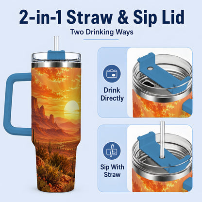 #pl[40oz|Blue] Desert Sunset Tumbler, 40oz Tumbler with Cactus Landscape Artwork