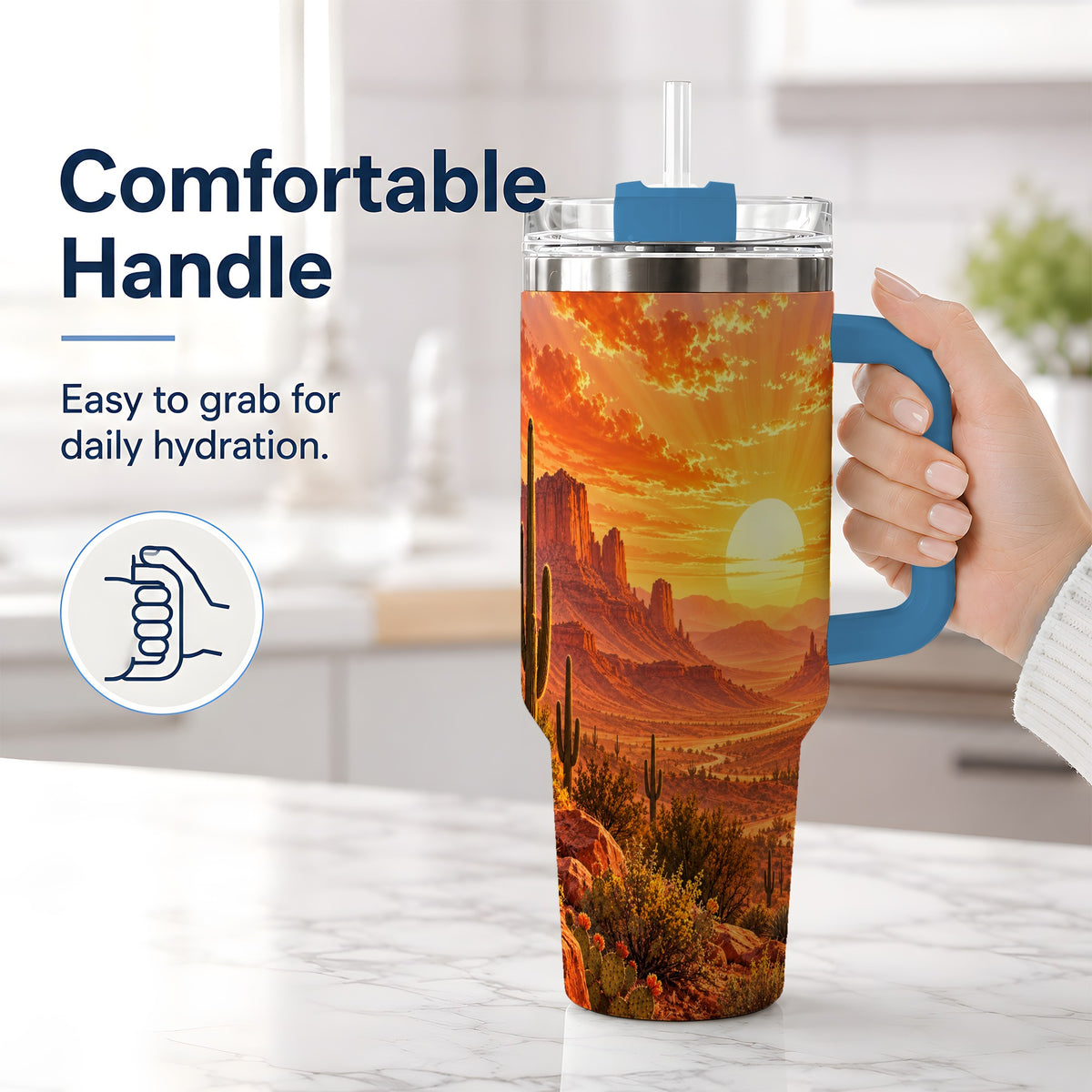 #pl[40oz|Blue] Desert Sunset Tumbler, 40oz Tumbler with Cactus Landscape Artwork