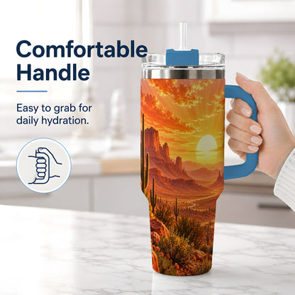 #pl[40oz|Blue] Desert Sunset Tumbler, 40oz Tumbler with Cactus Landscape Artwork