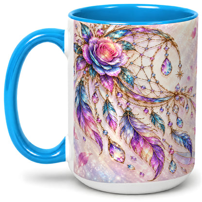 #pl[15oz|Blue] Floral Dreamcatcher Accent Mug, Ceramic Drinkware for Boho Fans