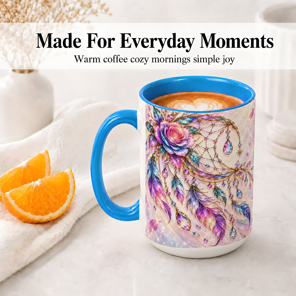 #pl[15oz|Blue] Floral Dreamcatcher Accent Mug, Ceramic Drinkware for Boho Fans