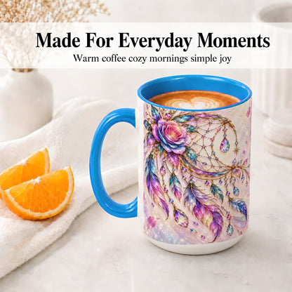 #pl[15oz|Blue] Floral Dreamcatcher Accent Mug, Ceramic Drinkware for Boho Fans