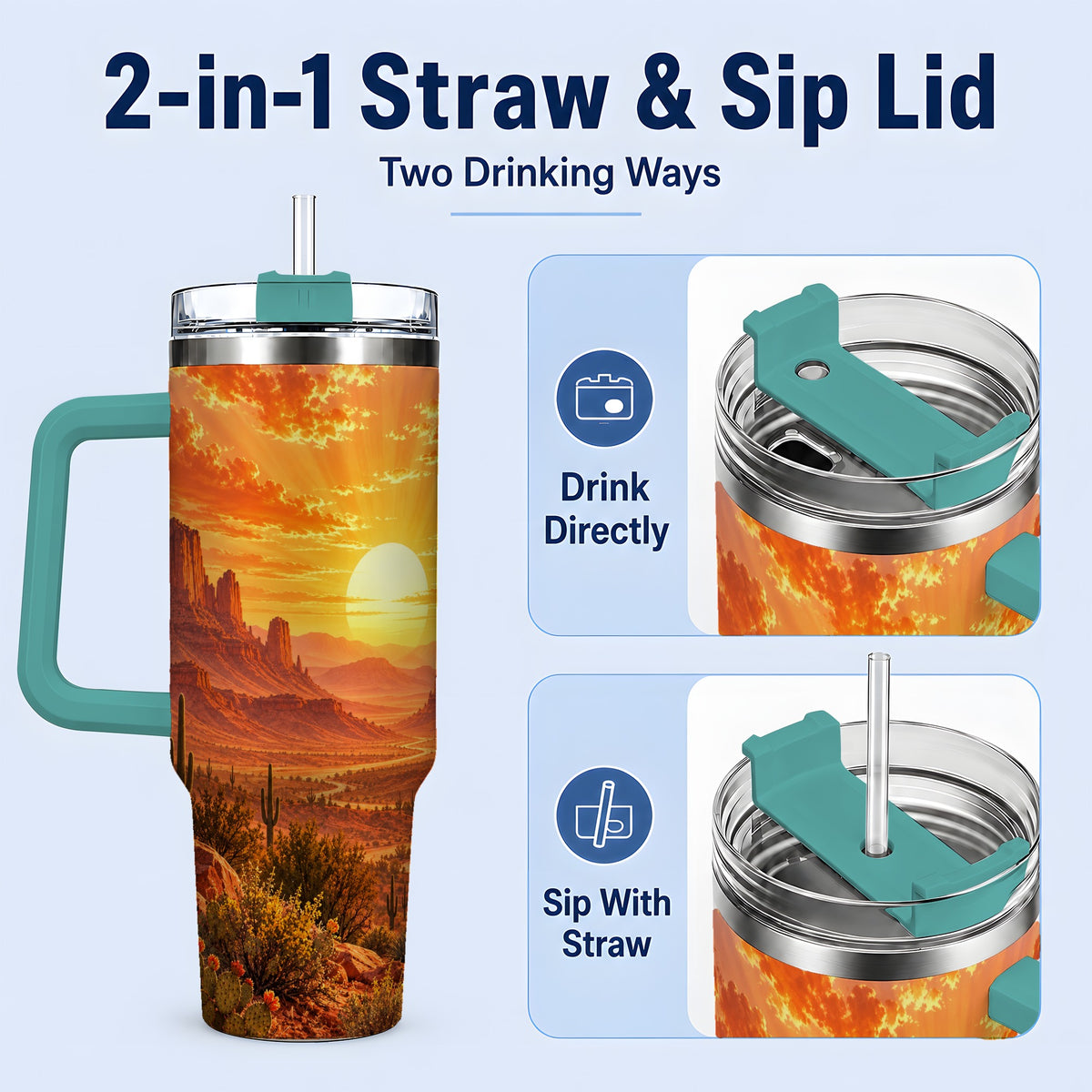 #pl[40oz|Green] Desert Sunset Tumbler, 40oz Tumbler with Cactus Landscape Artwork