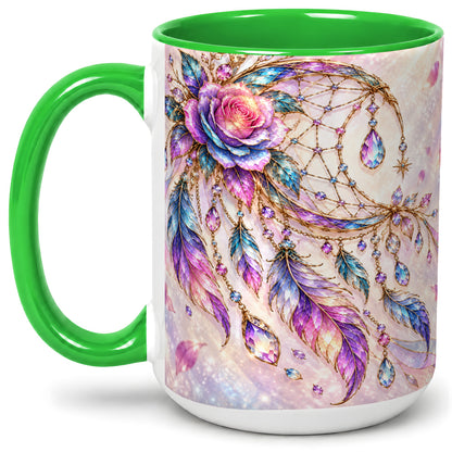 #pl[15oz|Green] Floral Dreamcatcher Accent Mug, Ceramic Drinkware for Boho Fans