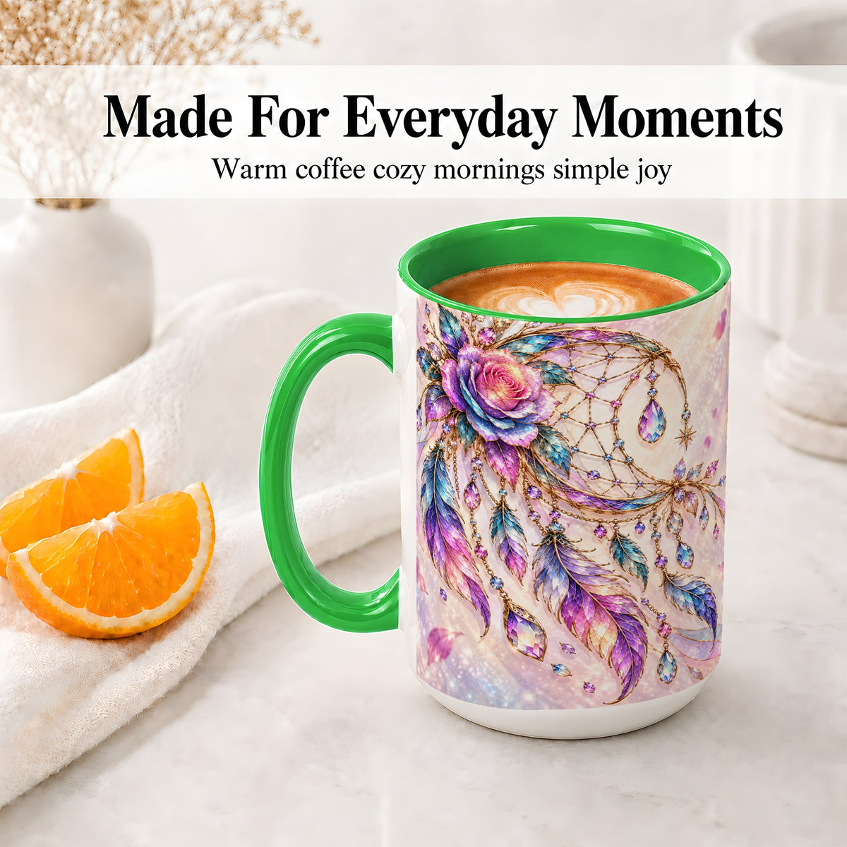 #pl[15oz|Green] Floral Dreamcatcher Accent Mug, Ceramic Drinkware for Boho Fans