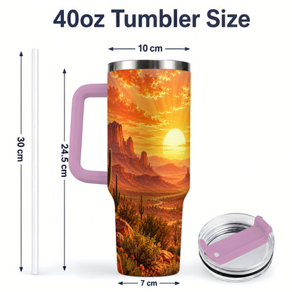 #pl[40oz|Pink] Desert Sunset Tumbler, 40oz Tumbler with Cactus Landscape Artwork