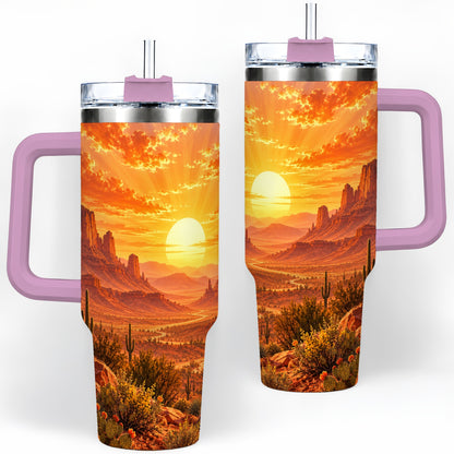 #pl[40oz|Pink] Desert Sunset Tumbler, 40oz Tumbler with Cactus Landscape Artwork