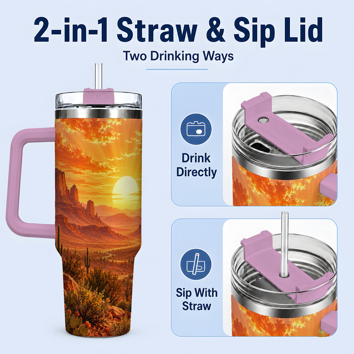 #pl[40oz|Pink] Desert Sunset Tumbler, 40oz Tumbler with Cactus Landscape Artwork