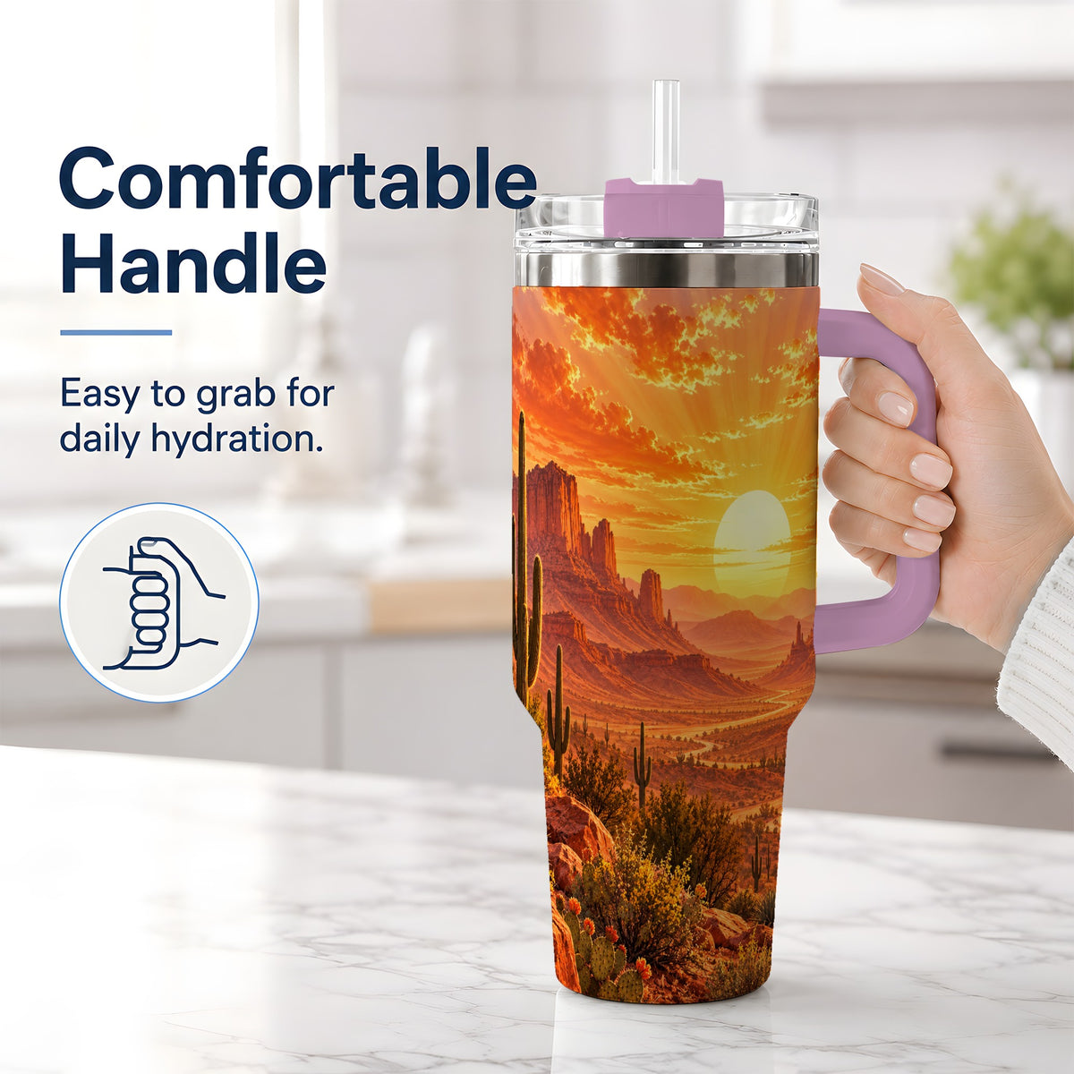 #pl[40oz|Pink] Desert Sunset Tumbler, 40oz Tumbler with Cactus Landscape Artwork