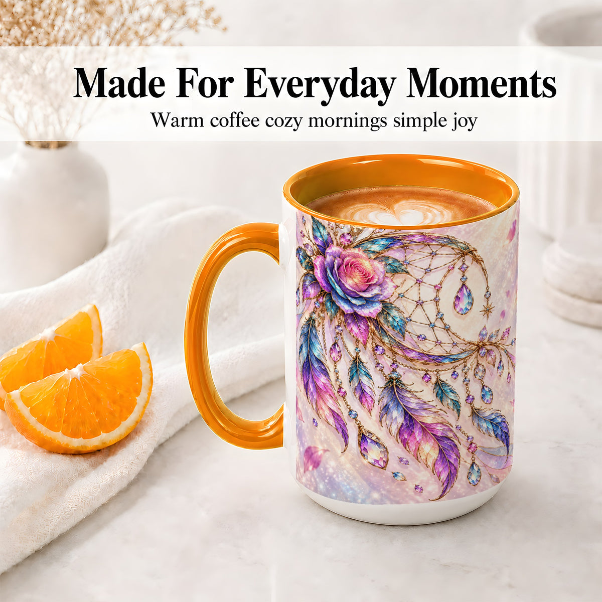 #pl[15oz|Orange] Floral Dreamcatcher Accent Mug, Ceramic Drinkware for Boho Fans