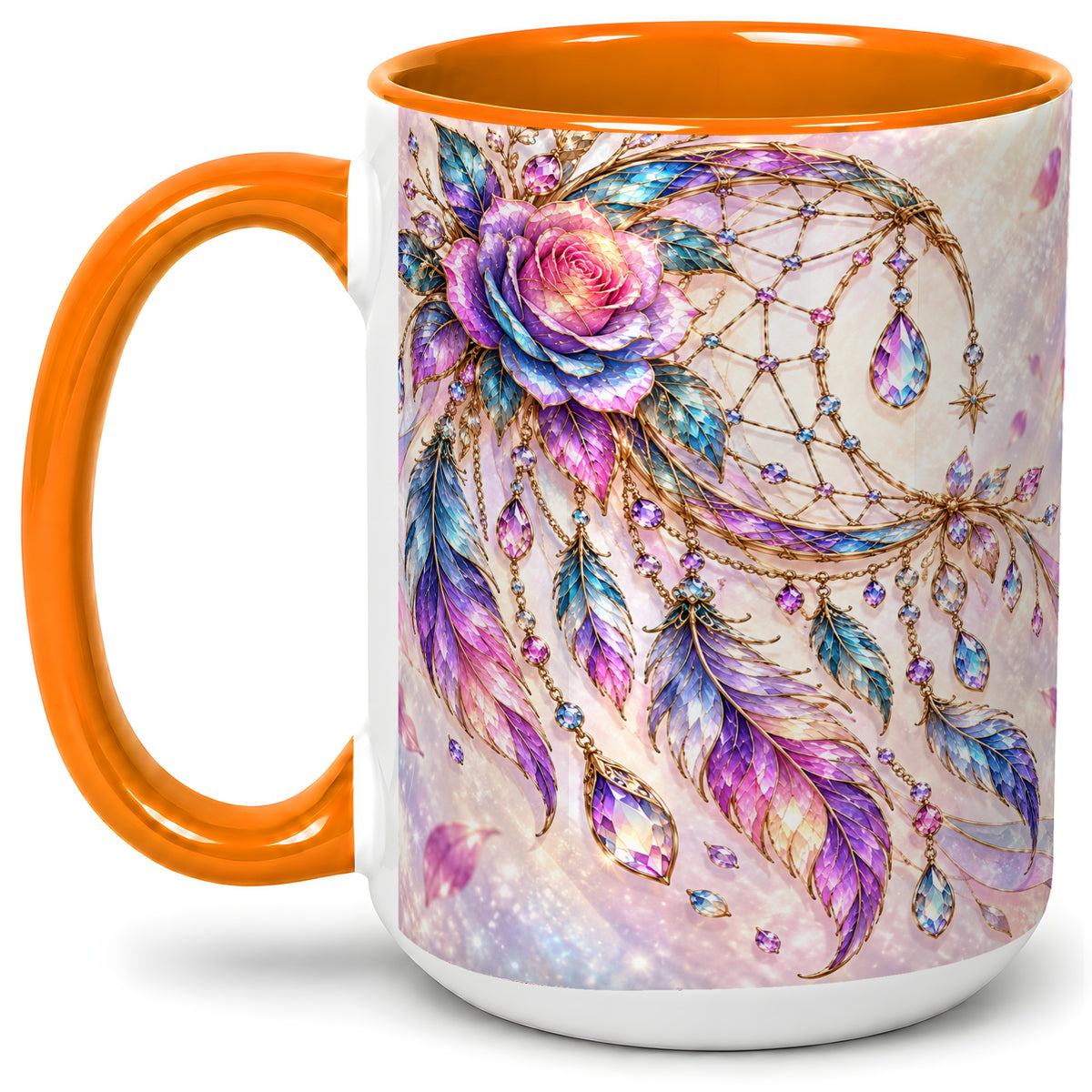 #pl[15oz|Orange] Floral Dreamcatcher Accent Mug, Ceramic Drinkware for Boho Fans