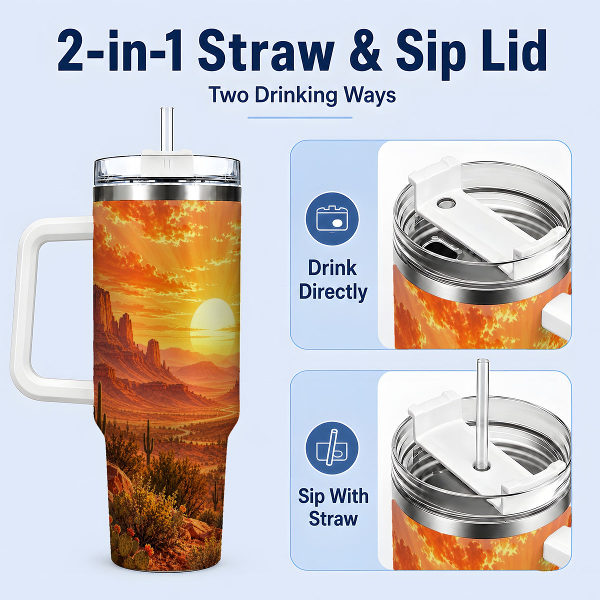 #pl[40oz|White] Desert Sunset Tumbler, 40oz Tumbler with Cactus Landscape Artwork