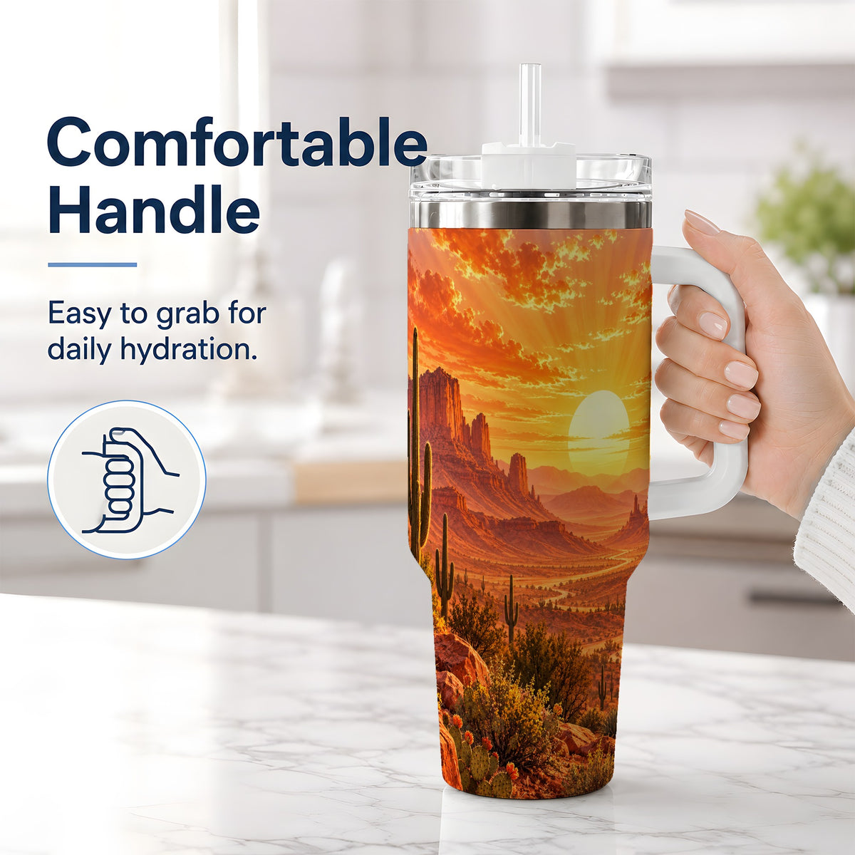 #pl[40oz|White] Desert Sunset Tumbler, 40oz Tumbler with Cactus Landscape Artwork