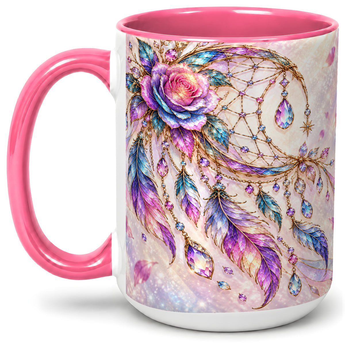 #pl[15oz|Pink] Floral Dreamcatcher Accent Mug, Ceramic Drinkware for Boho Fans