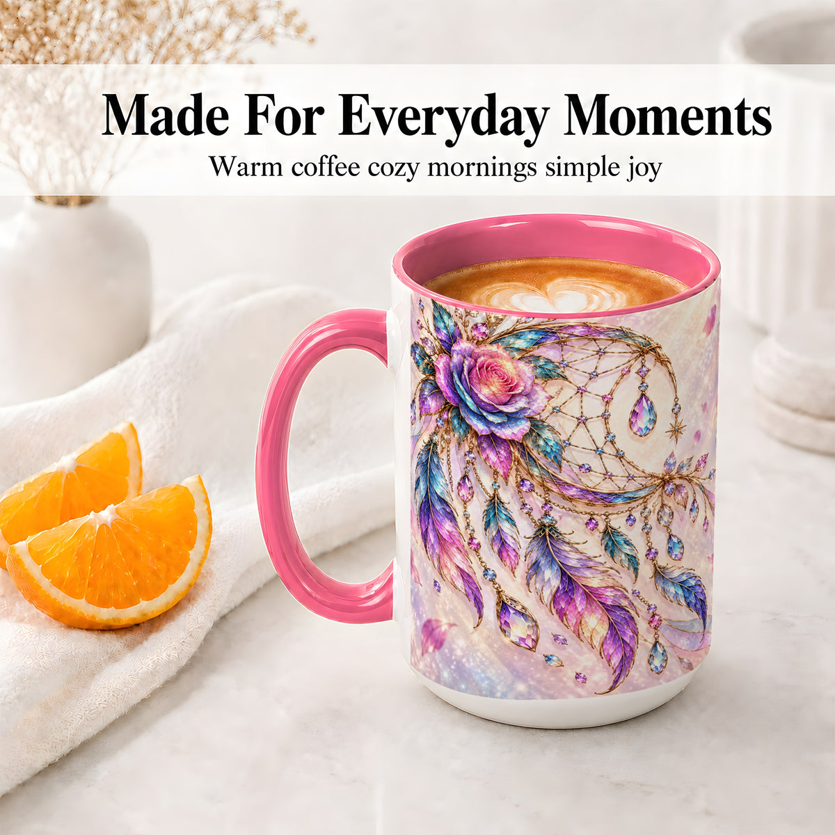 #pl[15oz|Pink] Floral Dreamcatcher Accent Mug, Ceramic Drinkware for Boho Fans