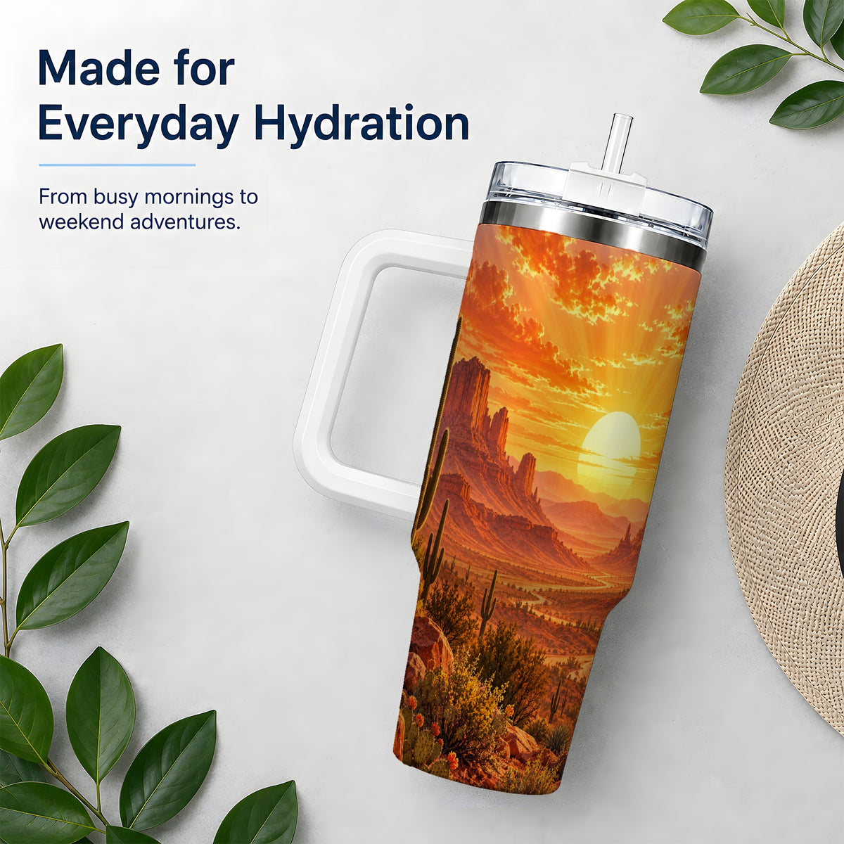 Desert Sunset Tumbler, 40oz Tumbler with Cactus Landscape Artwork