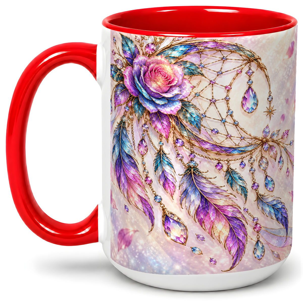 #pl[15oz|Red] Floral Dreamcatcher Accent Mug, Ceramic Drinkware for Boho Fans