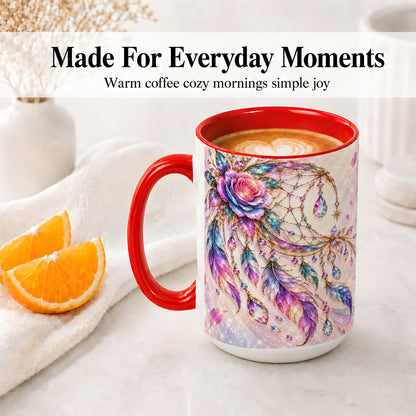 #pl[15oz|Red] Floral Dreamcatcher Accent Mug, Ceramic Drinkware for Boho Fans