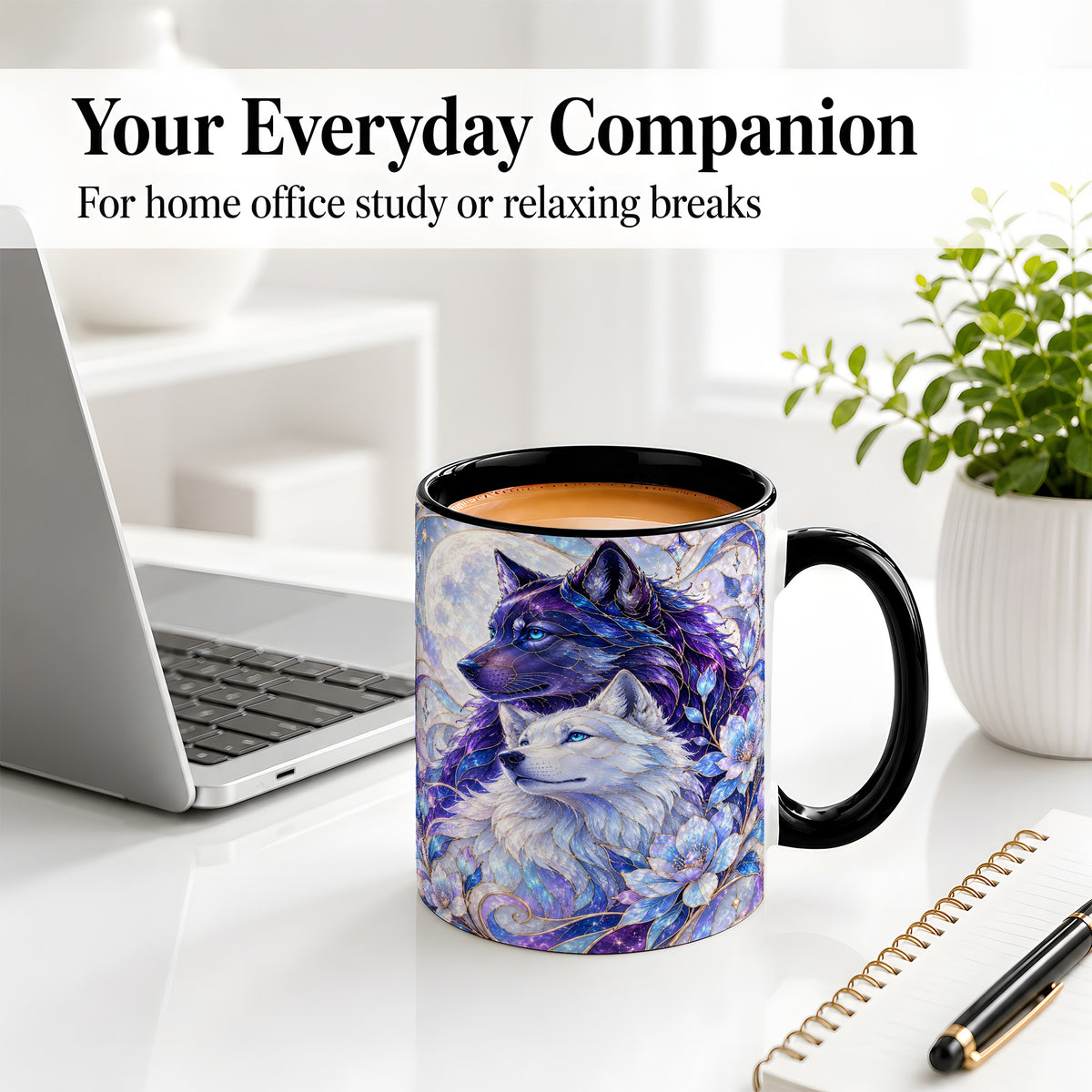 #pl[11oz|Black] Wolf Moon Ceramic Mug, Celestial Floral Artwork