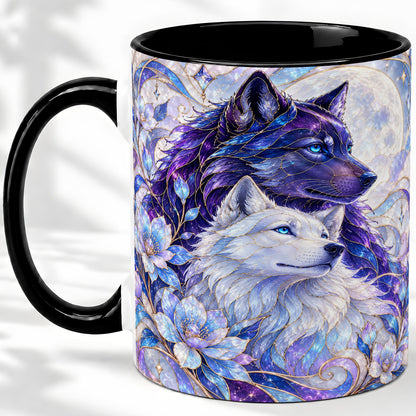 #pl[11oz|Black] Wolf Moon Ceramic Mug, Celestial Floral Artwork