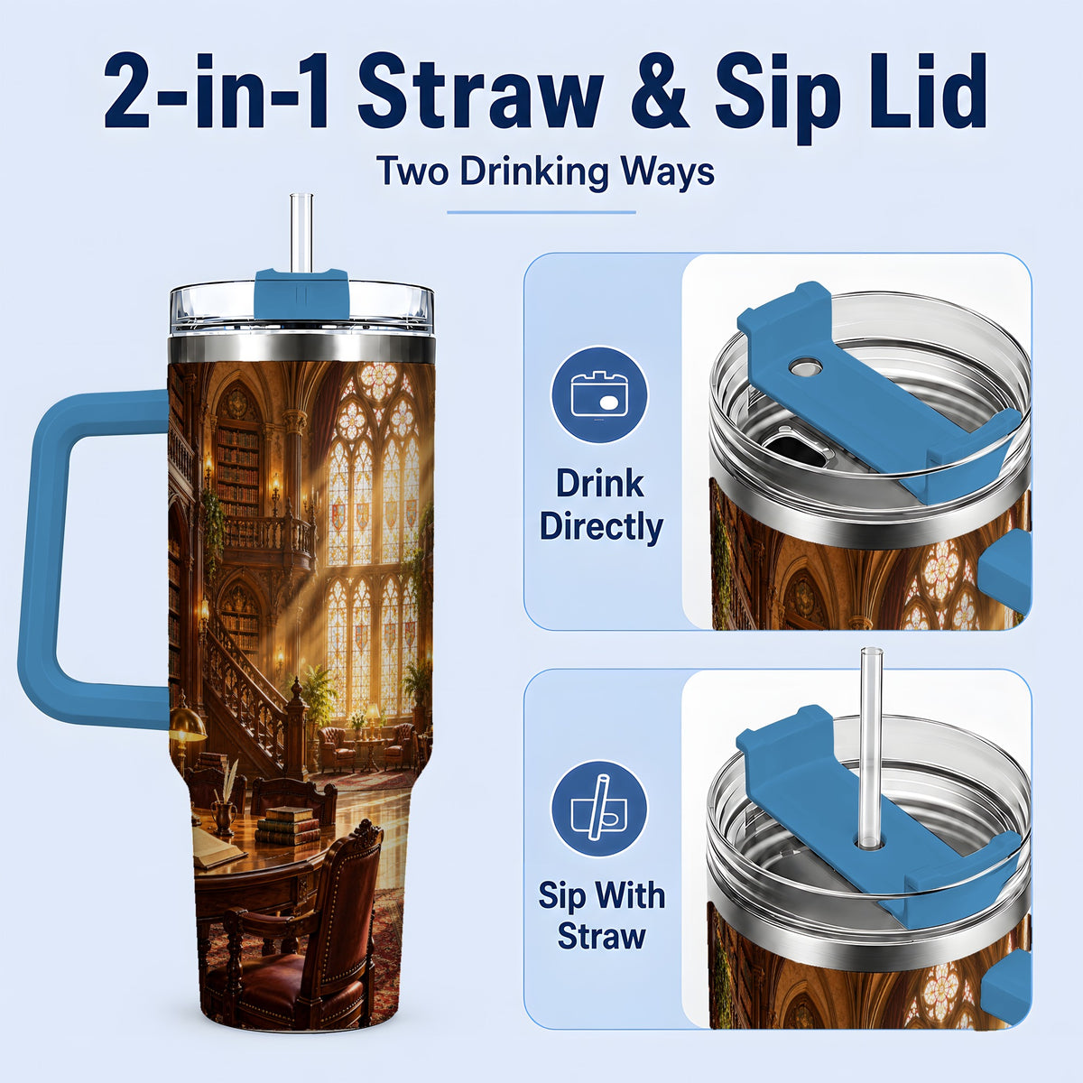 #pl[40oz|Blue] Gothic Library Tumbler, 40oz Tumbler with Vintage Book Interior Art