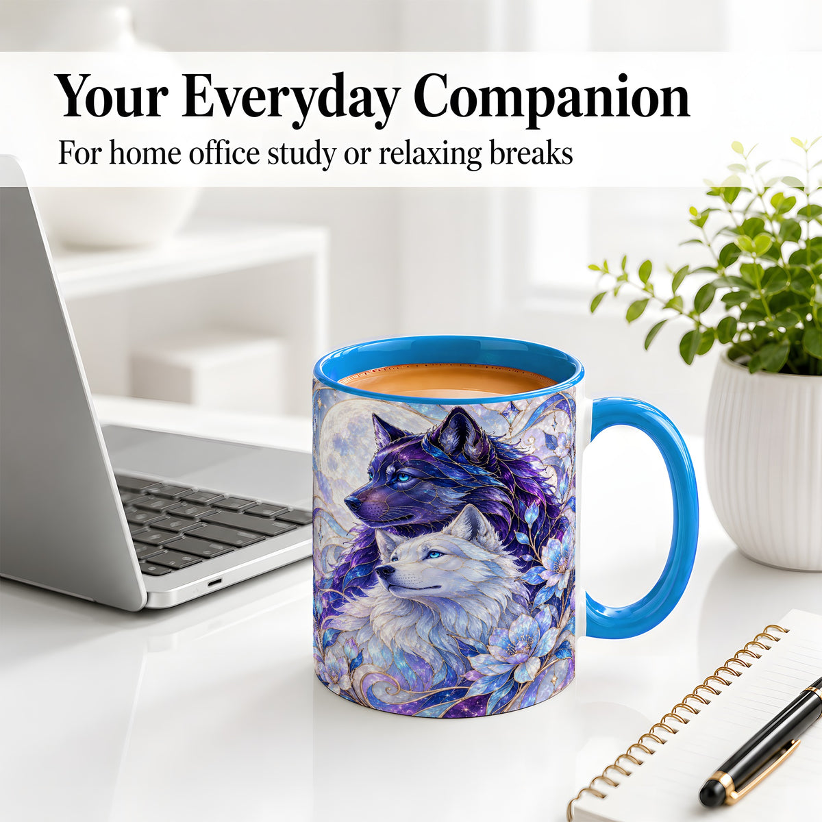 #pl[11oz|Blue] Wolf Moon Ceramic Mug, Celestial Floral Artwork