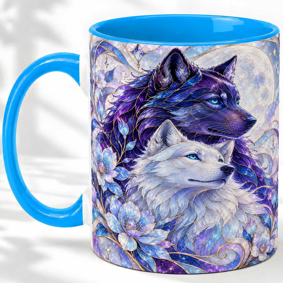 #pl[11oz|Blue] Wolf Moon Ceramic Mug, Celestial Floral Artwork