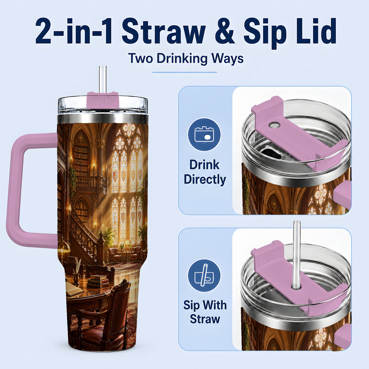 #pl[40oz|Pink] Gothic Library Tumbler, 40oz Tumbler with Vintage Book Interior Art