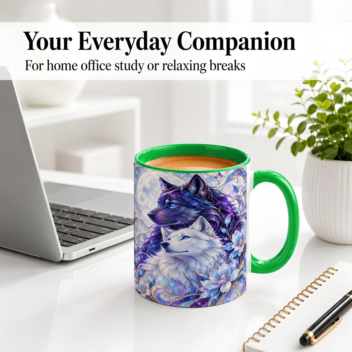 #pl[11oz|Green] Wolf Moon Ceramic Mug, Celestial Floral Artwork