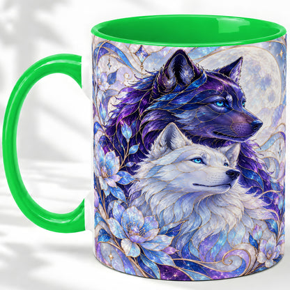 #pl[11oz|Green] Wolf Moon Ceramic Mug, Celestial Floral Artwork